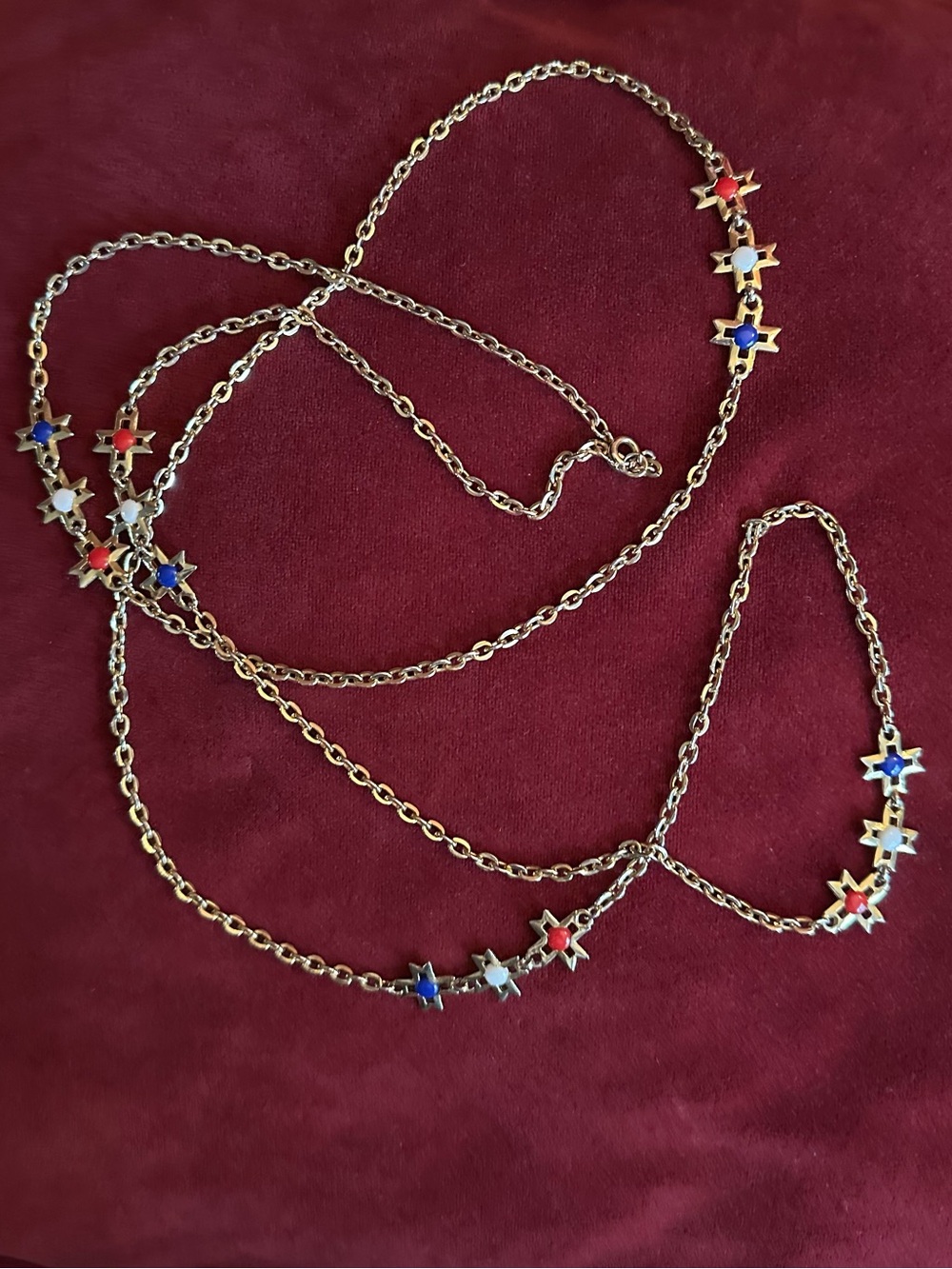 Vintage Gold-Tone Multi-Star Long Necklace with Red, White & Blue Enamel
